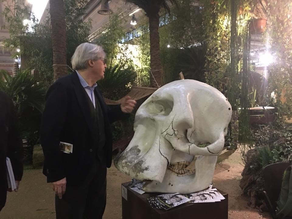 Vittorio Sgarbi osserva il teschio dell'elefante